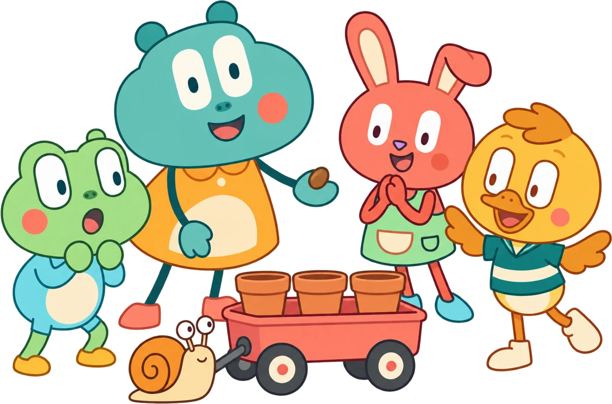 Poppy, Bogo, Clemmie and Otto gather around three little flowerpots, with Sir Slow beside them